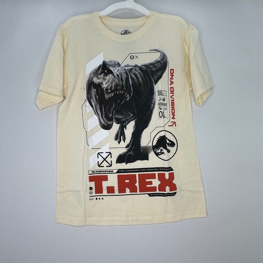 Jurassic World‎ T Rex DNA Division Graphic Tee Cream Kids Size L Dinosaur